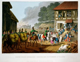 "Ranskalaiset joukot vetäytymässä kylän läpi ja ryöstävät kylän", 1816