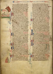 Royal 14 C. VII, f.116v Marginaalipiirros kuningas Henrik III:sta purjehtimassa Englannin kanaalin yli Bretagneen, osa saatetekstiä kirjoittajan omassa kädessä, kuvitus Historia Anglorumista