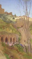 Pesulanainen pesukaivossa, San Gimignano, Italia