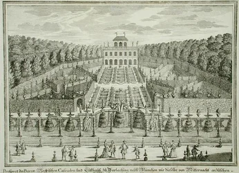 Näkymä ruhtinaskunnan asuinpaikasta lähellä Müncheniä, "Erlustierende Augenweide in Vorsetellung Herrliche Garten", kaiverrus Karl Remshard (1678-1735), julkaistu noin 1725 (kaiverrus)