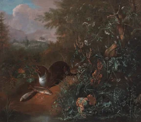 Metsäinen asetelma, jossa on saukko ja kaksi kalaa, noin 1650-1700 (öljy kankaalle).
