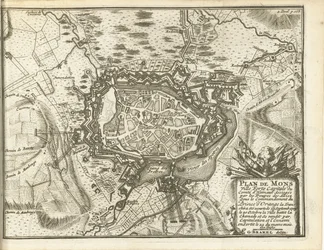 Beleg van Bergen, 1709 Mons Ville Forten kartta (...) Alliezin joukkojen piirittämä. Orangen prinssin (...) komennossa (otsikko esineessä)