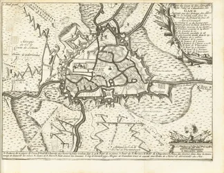 Beleg van Gent, 1708 Kartta Gentin kaupungin ja linnoituksen piirityksestä ja hyökkäyksistä, joita liittoutuneiden armeijat piirittivät 22. joulukuuta 1708 Marlboroughin prinssin ja herttuan johdolla (otsikko esineessä)