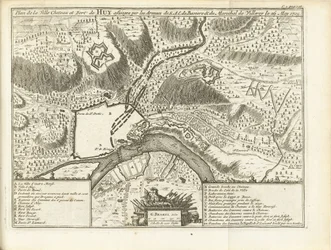 Beleg van Huy, 1705 S.A.E.:n armeijoiden piirittämän kaupungin linnan ja Huyn linnoituksen suunnitelma de Baviere & du Marechal de Villeroy le 26. toukokuuta 1705 (otsikko esineessä)