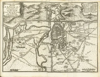 Beleg van Turijn, 1706 Torinon kaupungin ja linnoituksen suunnitelma, koska ranskalaiset piirittivät ne (otsikko esineessä)