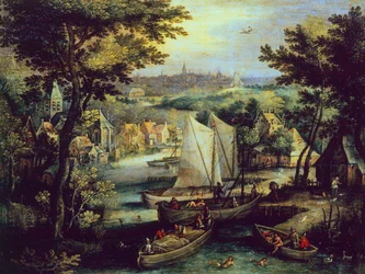 Jokimaisema, kirjoittanut Mathys Bril Younger (1550-1583), öljy kuparille