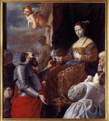 Sofonisbe (235-203 eaa.) ottaa myrkyn. Massinissa myrkytti vaimonsa Sofonisben, Numidian kuningattaren, sen sijaan että olisi luovuttanut hänet Roomalle. (1613-1699) Italialainen koulukunta.