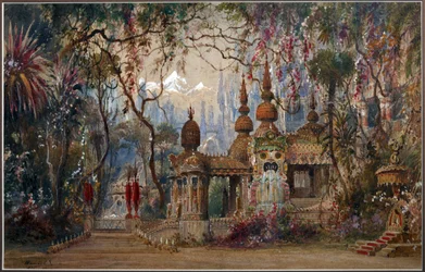 Lavastus M. Glinkan par Shishkov, Matvei Andrejevitš (1832-1897) oopperaan Ruslan ja Ljudmila. Kynä, sivellin, vesiväri, muste ja valkoinen väri paperille