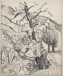 Puu vuorenrinteellä, n.1930 (sivellin, muste ja hiili luonnonvalkoiselle paperiarkille).