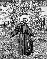 Pyhä Franciscus Assisilainen (1181-1226), kaiverrus Jacques Beltrand Maurice Denisin piirtämänä