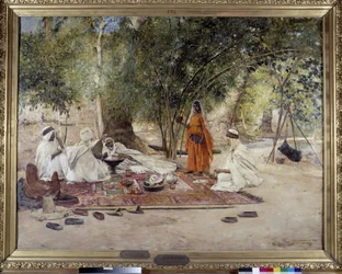 Hospitalite ateria. Kohtaus arabielämästä Chelman keitaassa lähellä Biskraa Algeriassa. Maurice Bompardin (1857-1936) maalaus 1891 (öljy kankaalle)