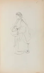 Italialainen luonnoskirja: Seisova nainen pitelee laukkua sivu 56, 1898-1899.