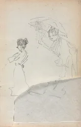 Italialainen luonnoskirja: seisova nainen profiilissa & mies sateenvarjolla sivu 2, 1898-1899.