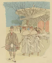 Skotlantilainen mies perinteisessä Highland-mekossa Ranskan Cannesin asukkaiden keskuudessa (väri litho)