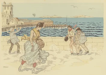 Mistral tekee tuulisesta päivästä Promenade de la Cornichella, Marseillessa, Ranskassa (väri litho)