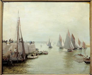 Kalastuksen paluu vuonna 1880. Courant Maurice (1847-1925) maalaus
