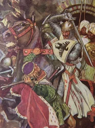 Käänny, vääräsydäminen temppeli! Päästä irti hänen, jota olet arvoton koskettamaan!., kuvitus teoksesta "Ivanhoe For Boys and Girls", uudelleen kertonut Alice Jackson, pubi. 1924