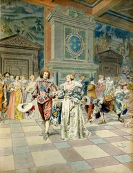 Ranskan historia: George Villiers, Buckinghamin herttua (1592-1628) Ranskan hovissa, kylvi helmensä hovimiesten jalanjäljissä. Maurice Leloirin (1853-1940) kuvitus teoksessa "" Richelieu""