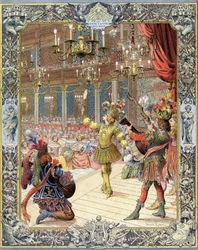 Ludvig XIV, osallistuja Isaac de Benseraden (1612-1691) libretoon "Ballet de la Nuit" auringonpaistepuvussa Little-Bourbonin (Petite Bourbon) suuressa salissa Pariisissa, 23. helmikuuta