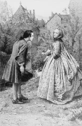 Nuoren Jean-Jacques Rousseaun ja tulevan läheisen ystävän Madame de Warensin tapaaminen 21. maaliskuuta 1728 (kaiverrus)