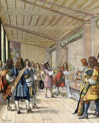 Taidemaalari Charles Lebrun (Le Brun) (1619-1690), valmistuksen johtaja, selitti Louis XIV:lle, joka tunnetaan nimellä Le Roi-Soleil (Kuningas Soleil tai Ludvig Suuri).