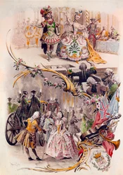 Häämenu Maurice Leloirin (1851-1940) kuvituksella pukukuvista ja galanteista, 4.6.1900