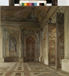 Versaillesin palatsin eteinen (Versaillesin palatsin eteinen). Maurice de Lobren maalaus (1862-1951)