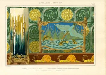 Art Nouveau sisustus vesilinnuilla, kaloilla ja etanoilla (litografia)