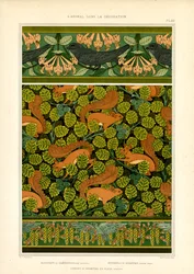 Art Nouveau -ornamentti, jossa on lintuja, oravia ja kukkaelementtejä (litografia).