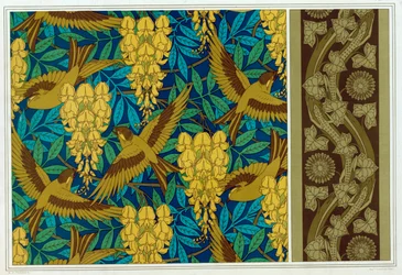 Mallit linnuille ja Wisterialle Riippuva ja tapettireunus Lizards and Ivy -pubin kanssa. 1897.