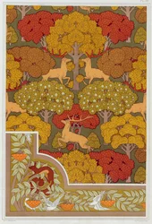 Mallit tapetille ja tapettireunuksille Deer in the Trees, pub. 1897.
