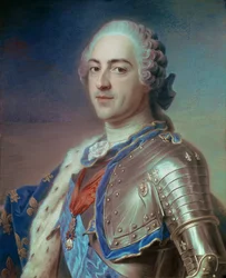 Ludvig XV:n (1710 - 1774) muotokuva panssariin pukeutuneena Pyhän Hengen ritarikunnan ja kultavillan nyörillä. Maurice Quentin Delatourin pastelli, joka tunnetaan nimellä Quentin De La Tour tai Quentin De Latour (1704-1788)