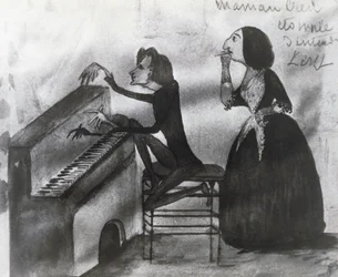 Karikatyyri Franz Lisztistä (1811-1886) ja George Sandista (1804-1876) Nohantissa vuonna 1832, piirros Maurice Sandilta (1825-1889)