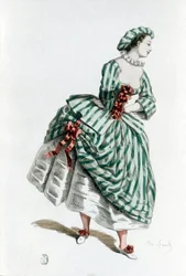 Colombinen (Corallina) puku ja naamio vuonna 1855, commedia dell