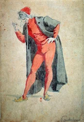 Puku ja teatterihahmo: Pantalone (housut, tohtori). Teoksesta "Naamiot ja ilveilijät" (italialainen komedia eli Commedia dell