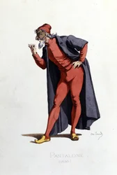 Puku ja teatterihahmo: Pantalone (ranskaksi Pantalone, tohtori), teoksesta "Masques et bouffons" (italialainen komedia: commedia dell