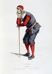 Harpagonin rooliasu Molièren (Jean Baptiste Poquelin) näytelmään "Saituri". Maurice Sandin (1823-1889) kuvitus, 1800-luku, Pariisi, Comédie-Française
