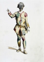 Harlekiini (Arlecchino), kuvitus teoksesta "Masques et bouffons" (italialainen komedia), teksti ja piirrokset Maurice Sandilta, painokuvat A. Manceaulta, esipuhe George Sandilta