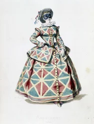 Harlekiinin puku ja naamio vuonna 1855, commedia dell’arten naispuolinen harlekiinihahmo. A. Manceaun kaiverrus teoksesta "Masques et Bouffons", teksti ja piirrokset Maurice Sand (1823-1889), esipuhe George Sand