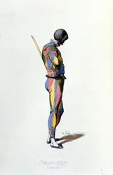 Harlekiini vuonna 1858. Maurice Sand "" Naamiot ja naamiot"" Pariisi 1800-luku. (Maurice Sand oli George Sandin poika)