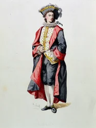 Lelio piirtää teoksesta "Masques et bouffons" (italialainen komedia), Maurice Sandin (1823-1890) teksti ja piirustukset, A. Manceaun kaiverrukset, Georges Sandin esipuhe, Paris, Michel Levy Freres