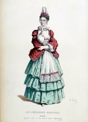 Madelonin puku Jean Baptiste Poquelin dit Molieren teoksessa ”Les precieuses ridicules”, kuvittanut Maurice Sand (1823-1889). 1868. Paris, ranskalainen komedia