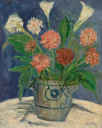 Maljakko, jossa on arum-liljoja ja daalioita, n. 1932 (öljy kankaalle)