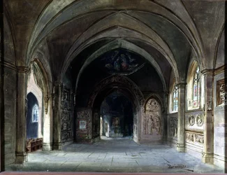 Sisustus "" Die Meistersinger"" tai "" Les maitres singteurs de Nuremberg"", Richard Wagnerin ooppera. Brucknerin lavastus, näytös I. Wagner Museum Bayreuth.