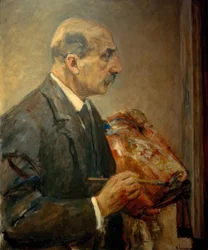 Selbstbildnis mit Palette an der Staffelei, im Profil nach