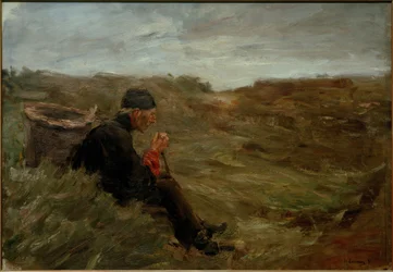 Sitzender Bauer in den Dünen - 1. Entwurf