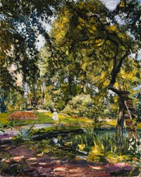 Puutarha Godrammsteinissa, jossa on kierretty puu ja lampi; Puutarha Godrammsteinissa, umpeenkasvanut puu ja lampi, 1910