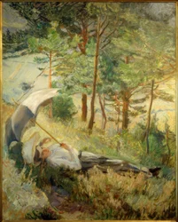Kesäaamu (nainen päivänvarjon kanssa)