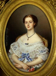 Naisen muotokuva sinisellä nauhalla Maxime Davidin maalaus (1800-luku) 1858 Paris, Decorative Arts.