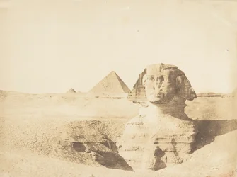 Näkymä suurelle Sfinksille ja Menkazeh Mycerinuksen suurelle pyramidille, joulukuu 1849.